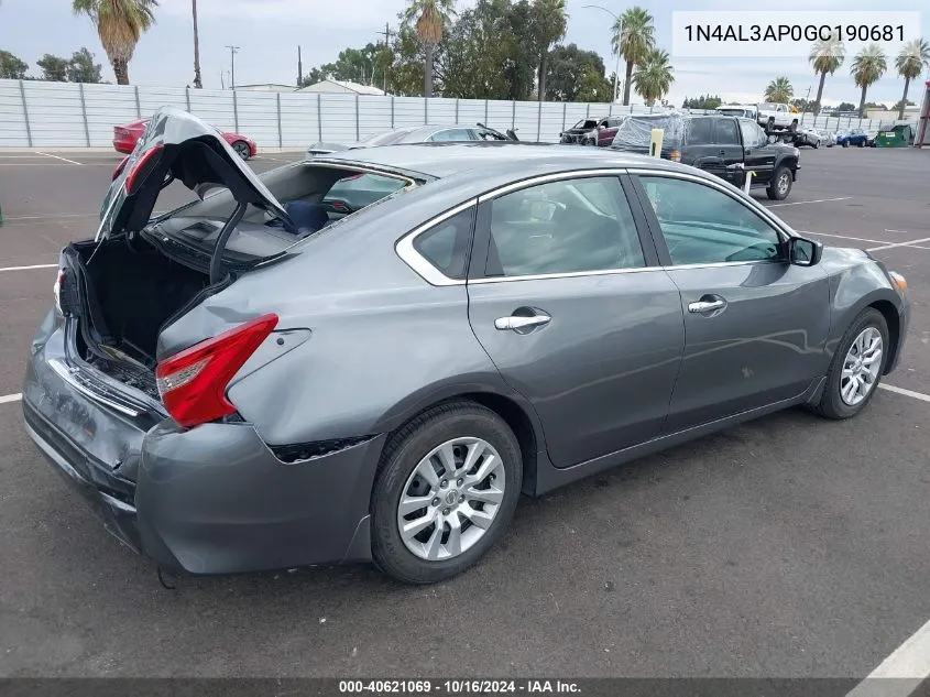 2016 Nissan Altima 2.5 S VIN: 1N4AL3AP0GC190681 Lot: 40621069