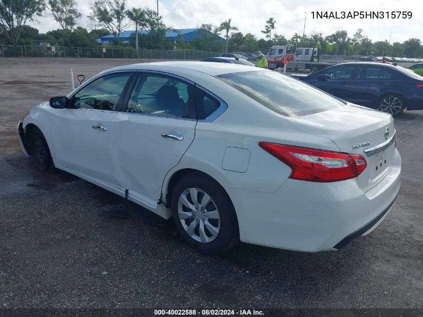 2017 Nissan Altima 2.5/2.5 S/2.5 Sl/2.5 Sr/2.5 Sv VIN: 1N4AL3AP5HN315759 Lot: 40022588