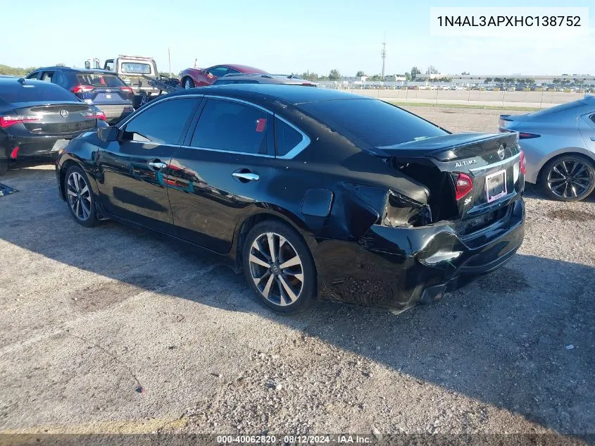 2017 Nissan Altima 2.5 Sr VIN: 1N4AL3APXHC138752 Lot: 40062820