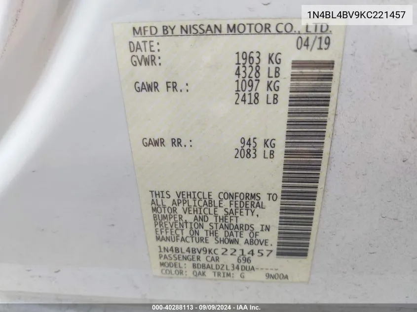 1N4BL4BV9KC221457 2019 Nissan Altima 2.5 S