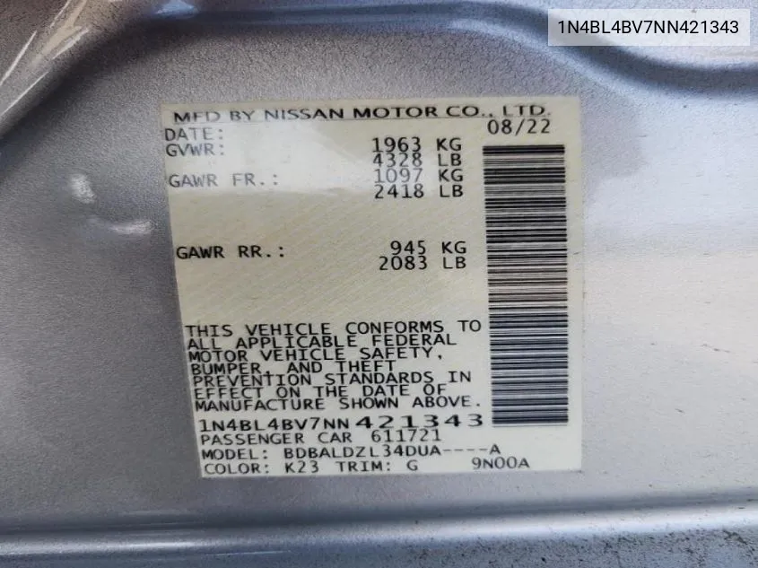 1N4BL4BV7NN421343 2022 Nissan Altima S