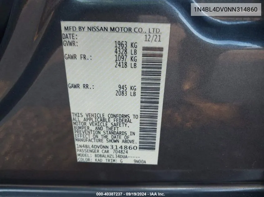 2022 Nissan Altima Sv Fwd VIN: 1N4BL4DV0NN314860 Lot: 40387237