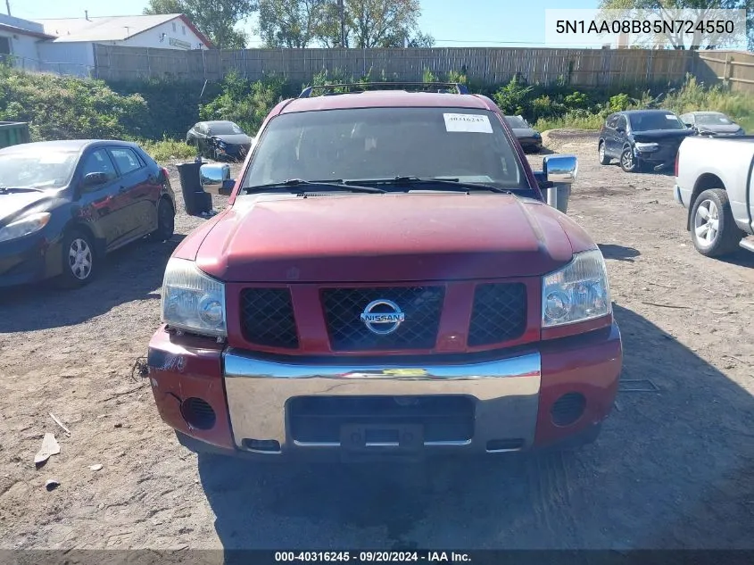 2005 Nissan Armada Se VIN: 5N1AA08B85N724550 Lot: 40316245