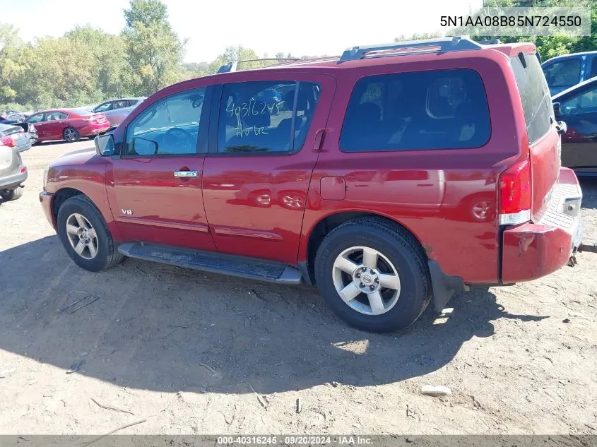 2005 Nissan Armada Se VIN: 5N1AA08B85N724550 Lot: 40316245