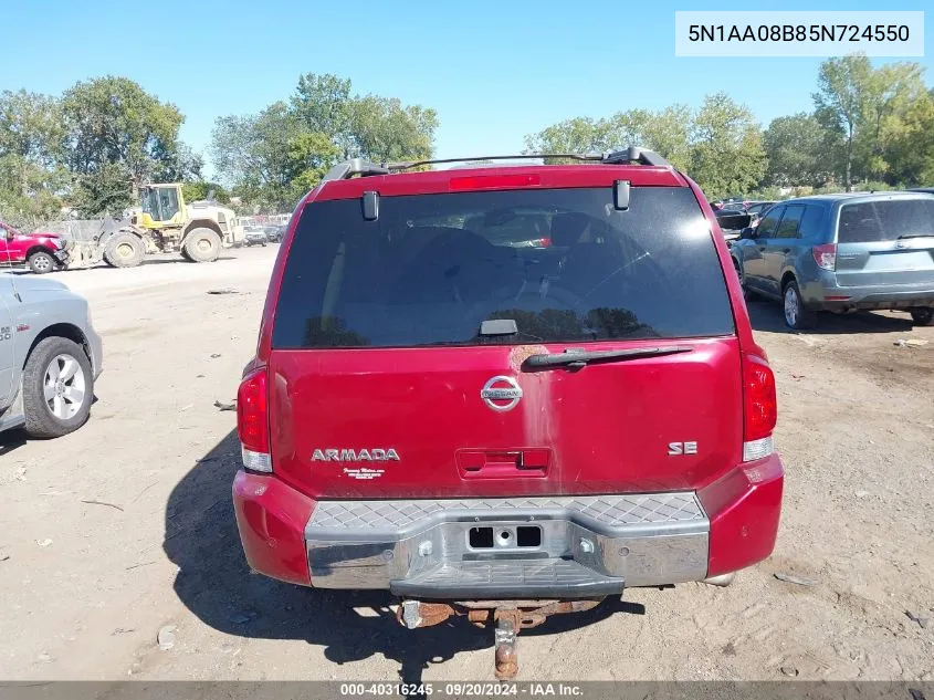 2005 Nissan Armada Se VIN: 5N1AA08B85N724550 Lot: 40316245