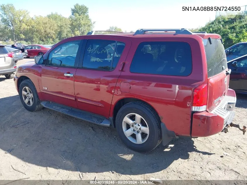 2005 Nissan Armada Se VIN: 5N1AA08B85N724550 Lot: 40316245