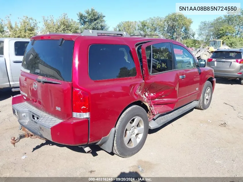 2005 Nissan Armada Se VIN: 5N1AA08B85N724550 Lot: 40316245