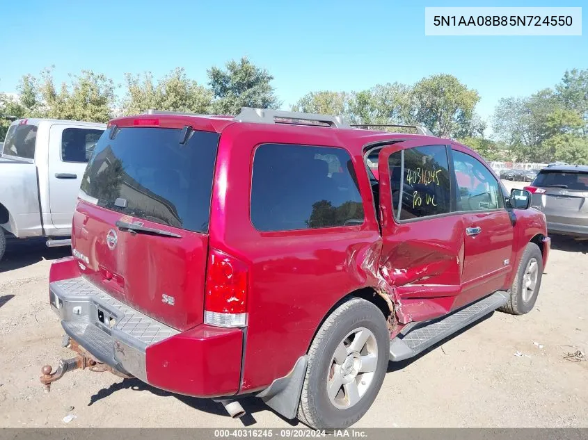 2005 Nissan Armada Se VIN: 5N1AA08B85N724550 Lot: 40316245