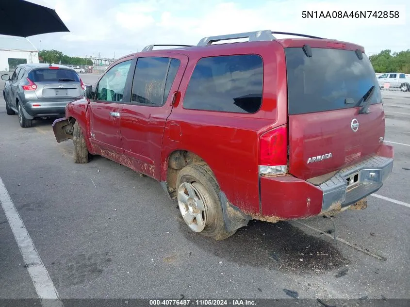 2006 Nissan Armada Se VIN: 5N1AA08A46N742858 Lot: 40776487