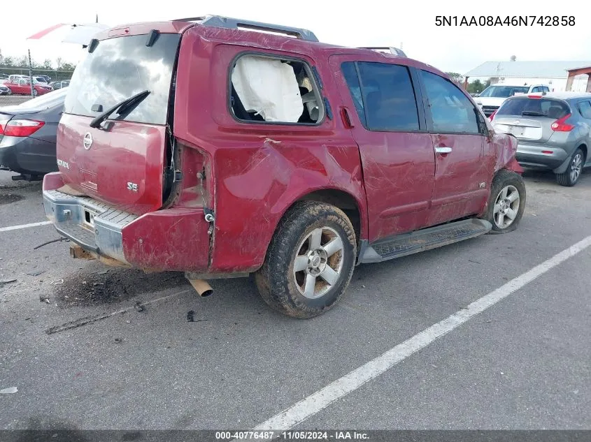 2006 Nissan Armada Se VIN: 5N1AA08A46N742858 Lot: 40776487