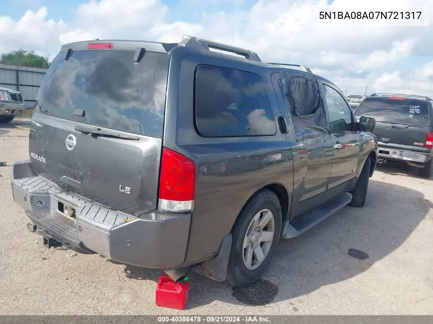 2007 Nissan Armada Le VIN: 5N1BA08A07N721317 Lot: 40386478