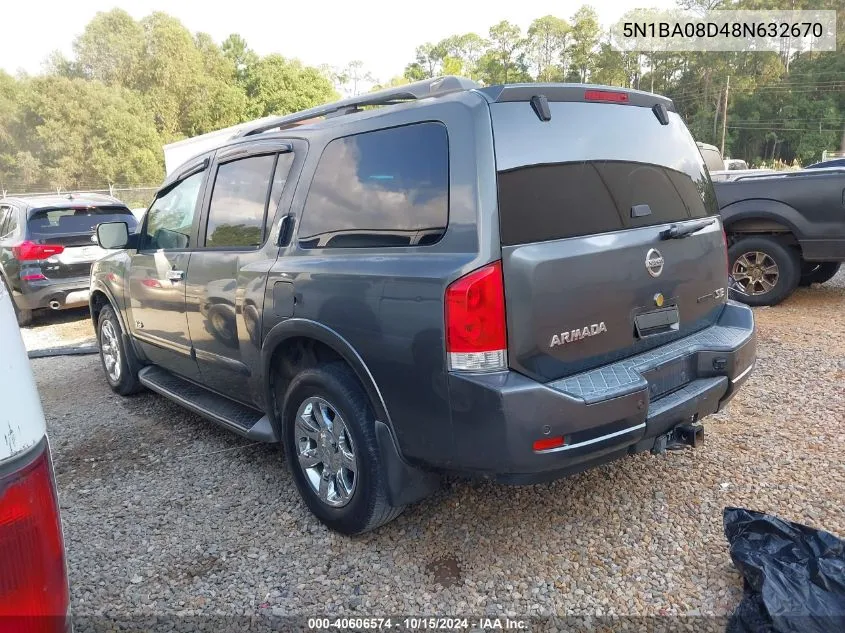 2008 Nissan Armada Se VIN: 5N1BA08D48N632670 Lot: 40606574