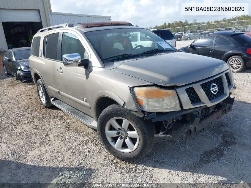 2008 Nissan Armada Se VIN: 5N1BA08D28N600820 Lot: 40693573