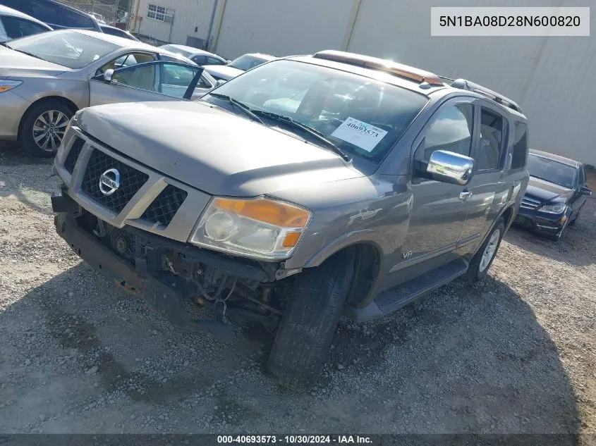 2008 Nissan Armada Se VIN: 5N1BA08D28N600820 Lot: 40693573