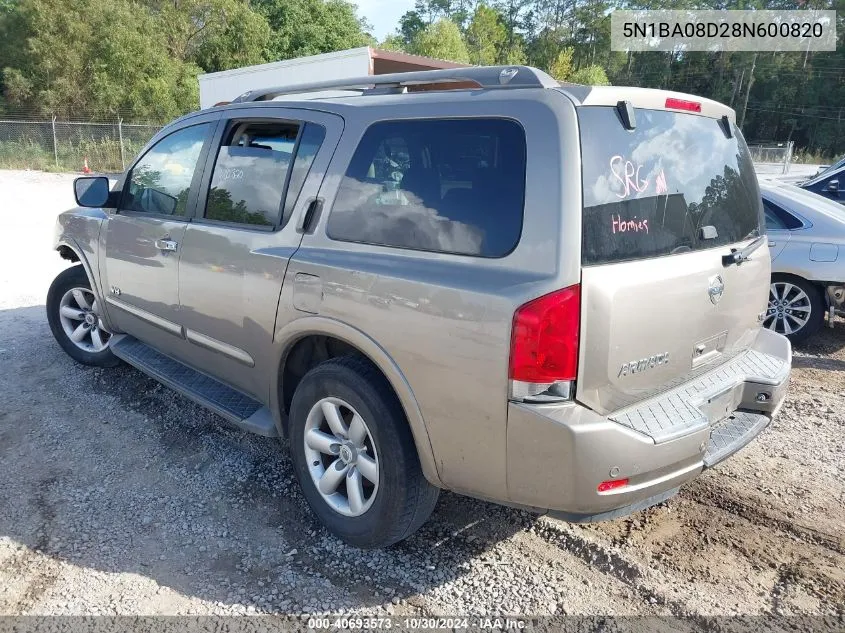 2008 Nissan Armada Se VIN: 5N1BA08D28N600820 Lot: 40693573