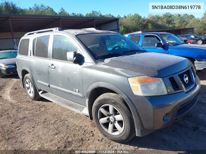 2008 Nissan Armada Se VIN: 5N1BA08D38N619778 Lot: 40826890