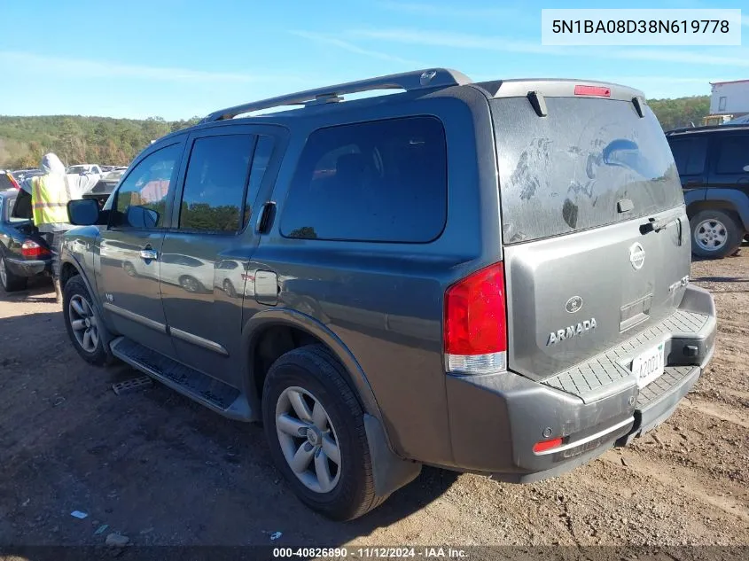 2008 Nissan Armada Se VIN: 5N1BA08D38N619778 Lot: 40826890