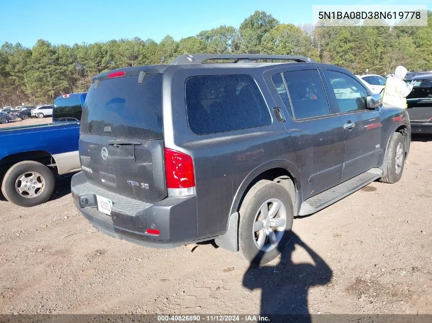 2008 Nissan Armada Se VIN: 5N1BA08D38N619778 Lot: 40826890