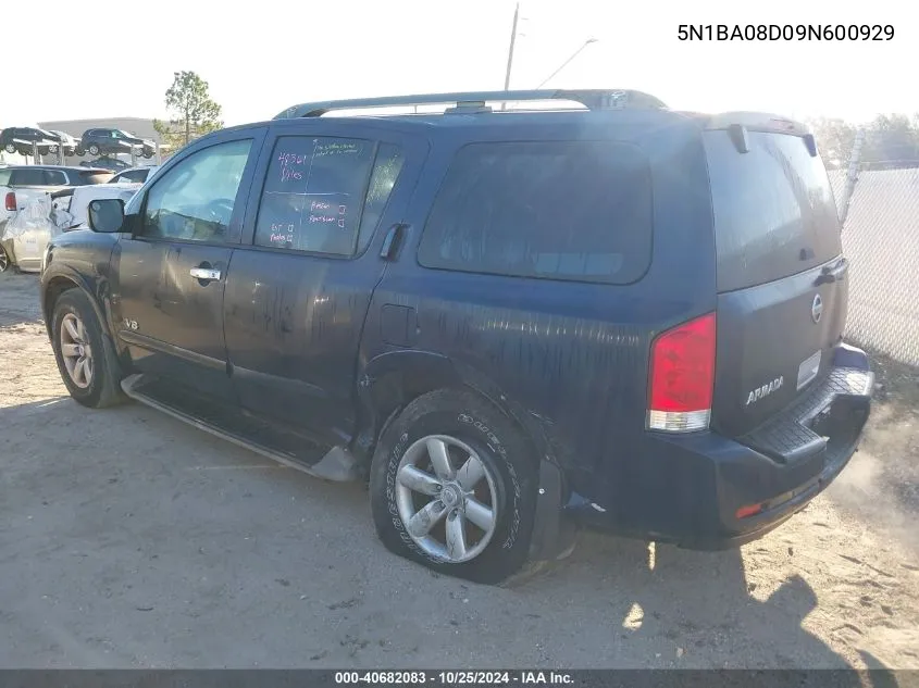 2009 Nissan Armada Se/Le VIN: 5N1BA08D09N600929 Lot: 40682083