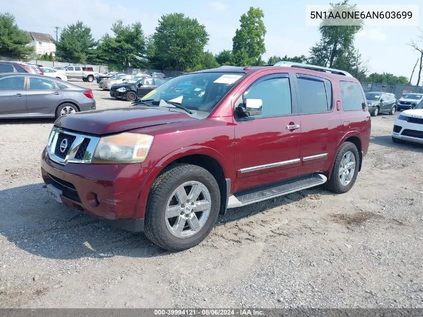 2010 Nissan Armada Platinum VIN: 5N1AA0NE6AN603699 Lot: 39994121