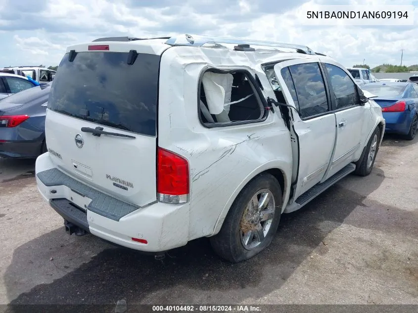 2010 Nissan Armada Platinum VIN: 5N1BA0ND1AN609194 Lot: 40104492