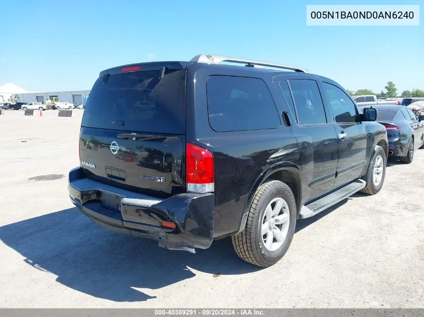 2010 Nissan Armada Se VIN: 005N1BA0ND0AN6240 Lot: 40389291