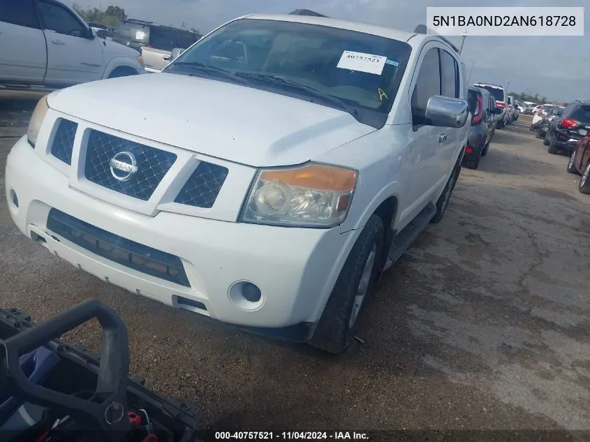 2010 Nissan Armada Se VIN: 5N1BA0ND2AN618728 Lot: 40757521