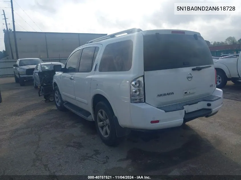 2010 Nissan Armada Se VIN: 5N1BA0ND2AN618728 Lot: 40757521