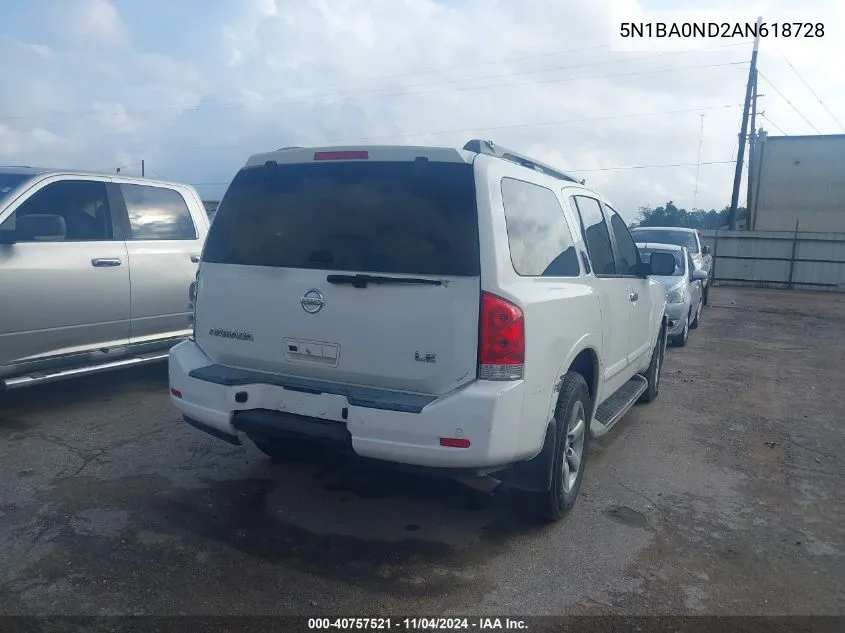 2010 Nissan Armada Se VIN: 5N1BA0ND2AN618728 Lot: 40757521