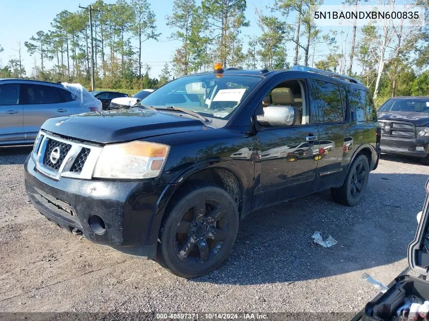 2011 Nissan Armada Sl VIN: 5N1BA0NDXBN600835 Lot: 40597371