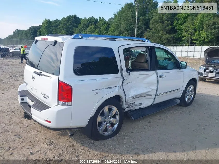 2012 Nissan Armada Platinum VIN: 5N1BA0ND3CN618451 Lot: 39720691