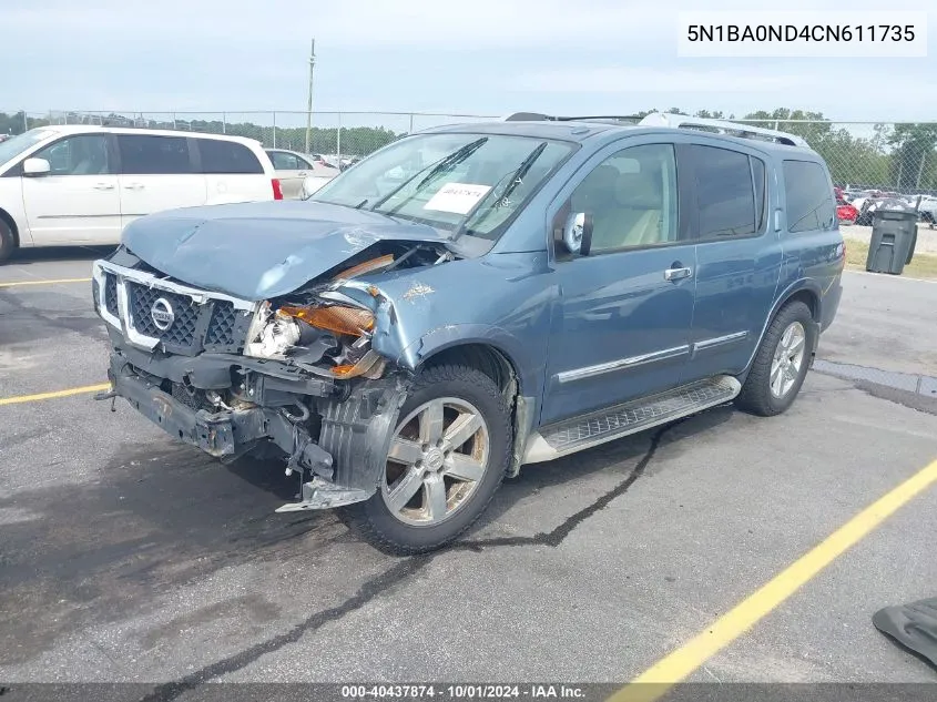 2012 Nissan Armada Platinum VIN: 5N1BA0ND4CN611735 Lot: 40437874