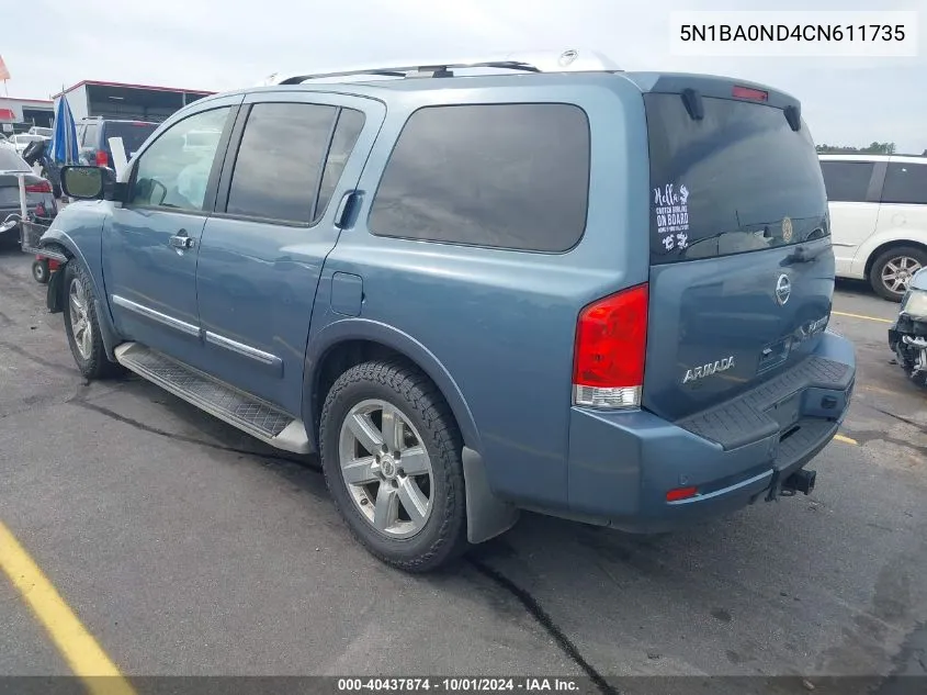 2012 Nissan Armada Platinum VIN: 5N1BA0ND4CN611735 Lot: 40437874