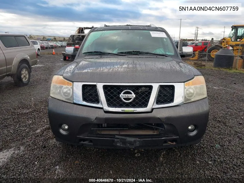 2012 Nissan Armada Sv/Sl/Platinum VIN: 5N1AA0ND4CN607759 Lot: 40646670