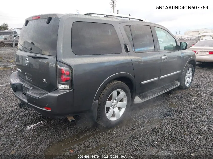 2012 Nissan Armada Sv/Sl/Platinum VIN: 5N1AA0ND4CN607759 Lot: 40646670