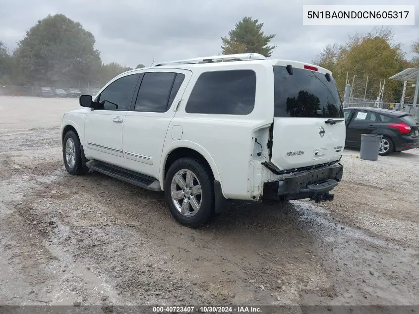 2012 Nissan Armada Platinum VIN: 5N1BA0ND0CN605317 Lot: 40723407