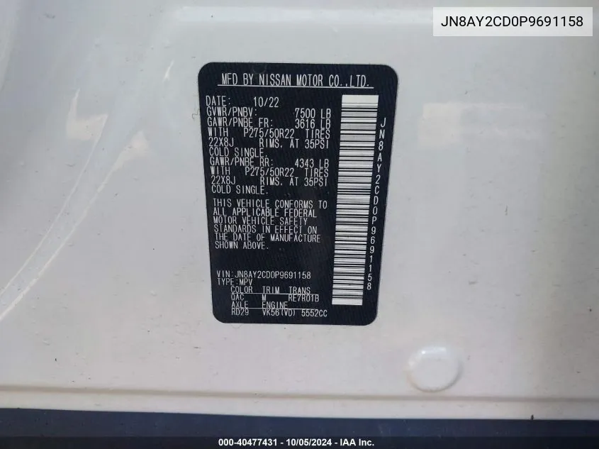 2023 Nissan Armada Platinum VIN: JN8AY2CD0P9691158 Lot: 40477431