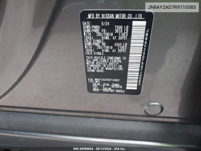 JN8AY2AD7R9710083 2024 Nissan Armada Sv 4Wd