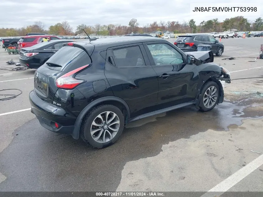 2017 Nissan Juke Sv VIN: JN8AF5MV0HT753998 Lot: 40728217