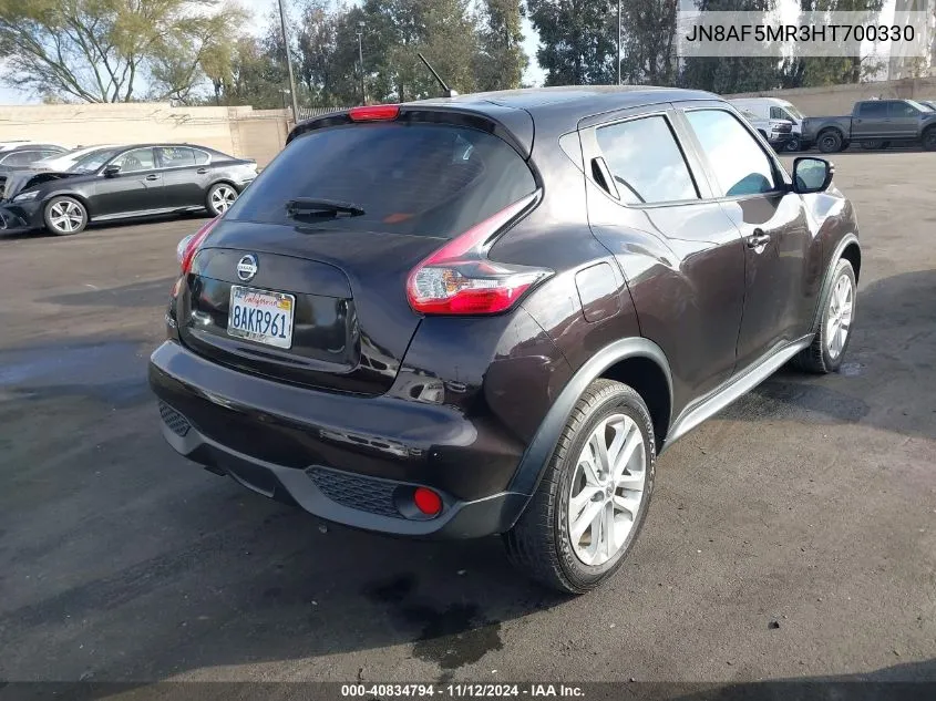 2017 Nissan Juke S/Sv/Sl/Nismo VIN: JN8AF5MR3HT700330 Lot: 40834794