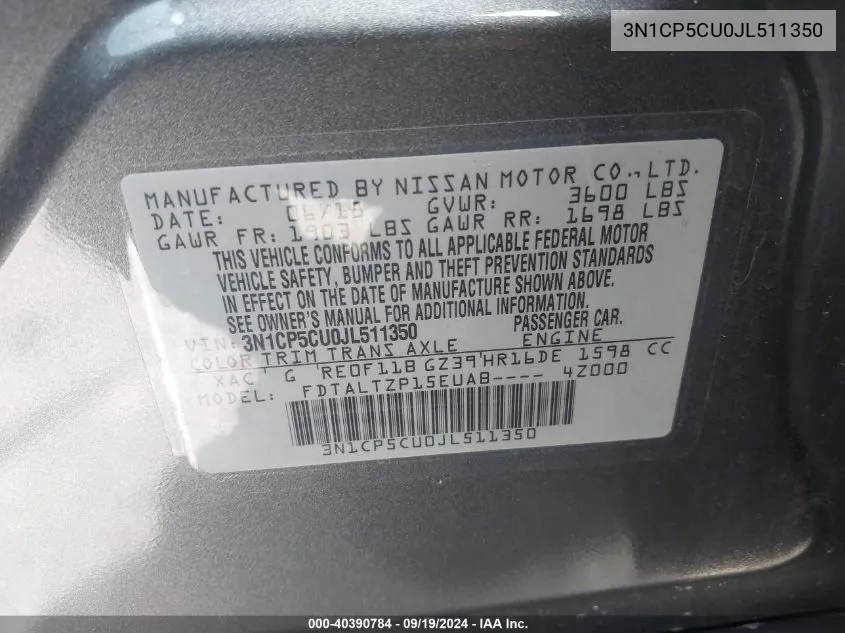 3N1CP5CU0JL511350 2018 Nissan Kicks Sr