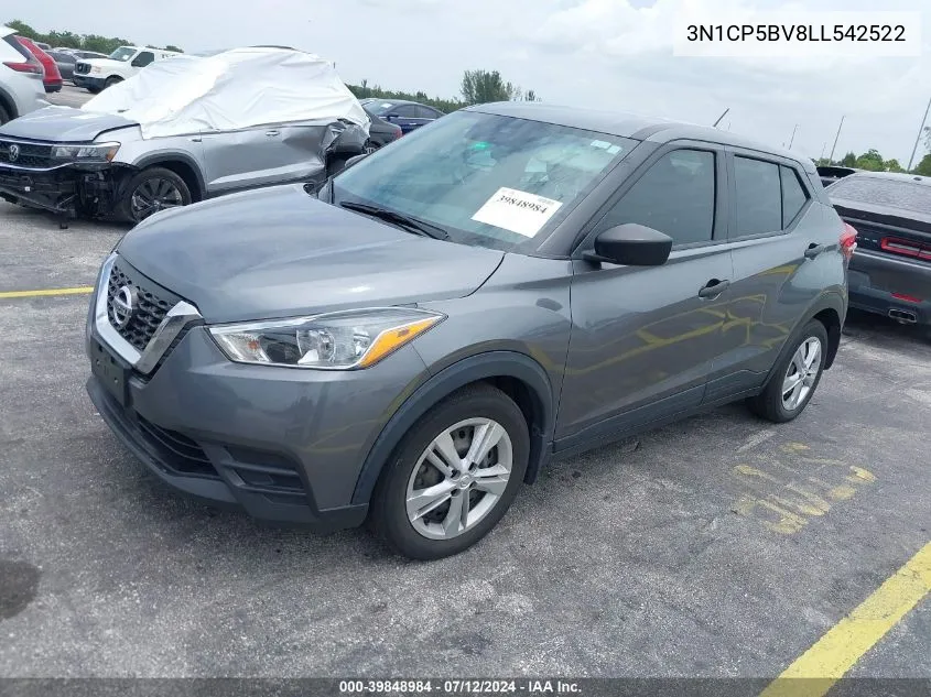 2020 Nissan Kicks S Xtronic Cvt VIN: 3N1CP5BV8LL542522 Lot: 39848984