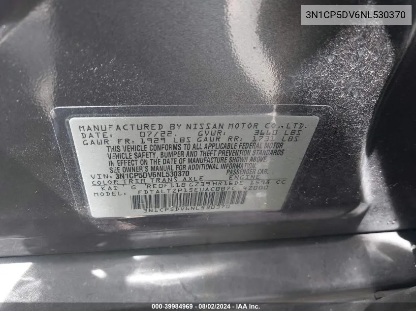 3N1CP5DV6NL530370 2022 Nissan Kicks Sr Xtronic Cvt