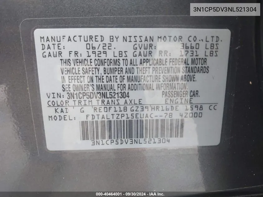 3N1CP5DV3NL521304 2022 Nissan Kicks Sr