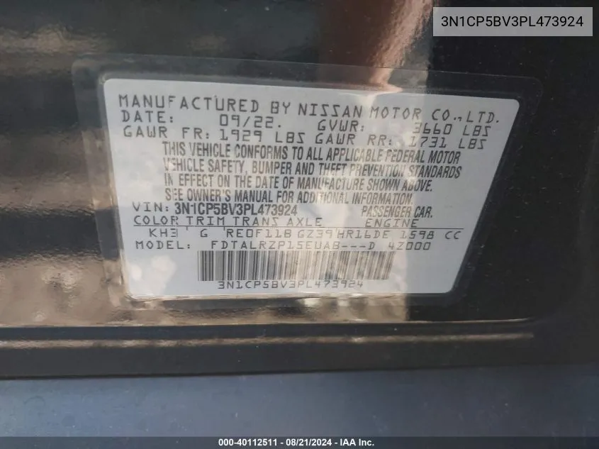 3N1CP5BV3PL473924 2023 Nissan Kicks S Xtronic Cvt