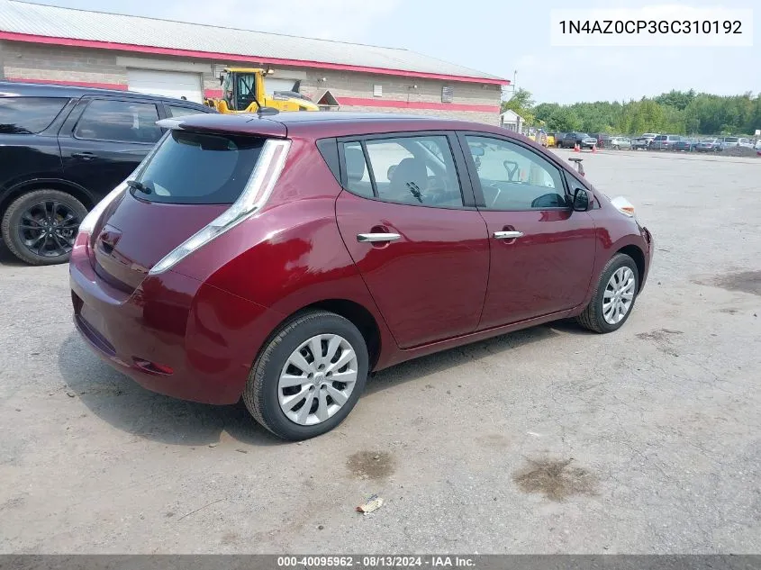 2016 Nissan Leaf S VIN: 1N4AZ0CP3GC310192 Lot: 40095962