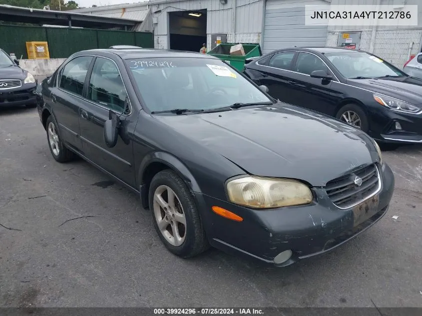 2000 Nissan Maxima Gle/Gxe/Se VIN: JN1CA31A4YT212786 Lot: 39924296