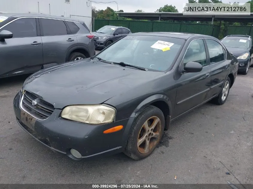 2000 Nissan Maxima Gle/Gxe/Se VIN: JN1CA31A4YT212786 Lot: 39924296