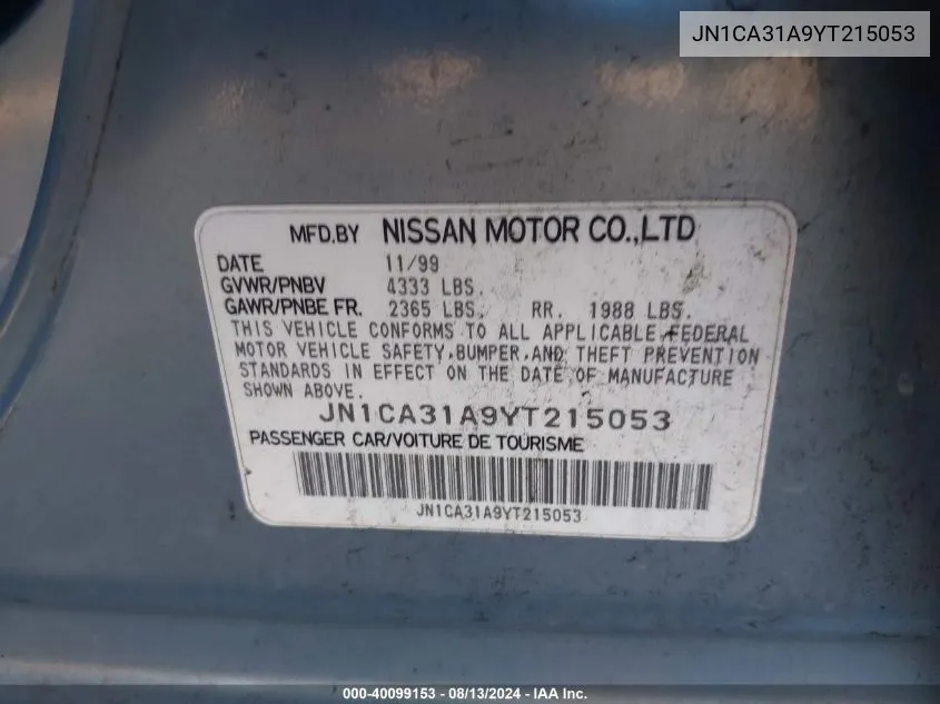 JN1CA31A9YT215053 2000 Nissan Maxima Gle/Gxe/Se