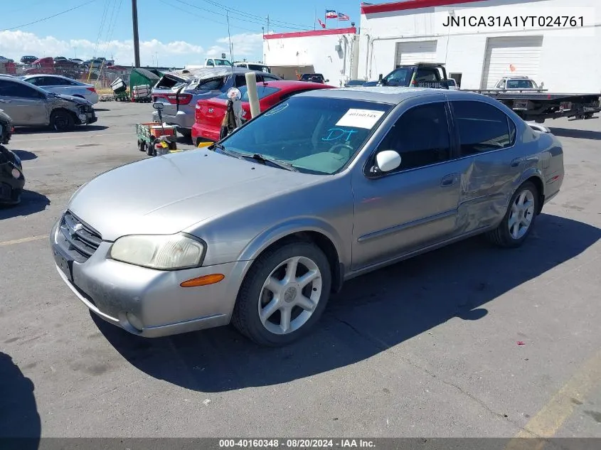 2000 Nissan Maxima Gle/Gxe/Se VIN: JN1CA31A1YT024761 Lot: 40160348